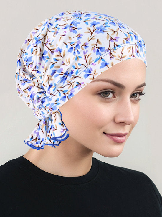 ABBEY-735#The Abbey Cap in Ivory Periwinkle Blue Floral