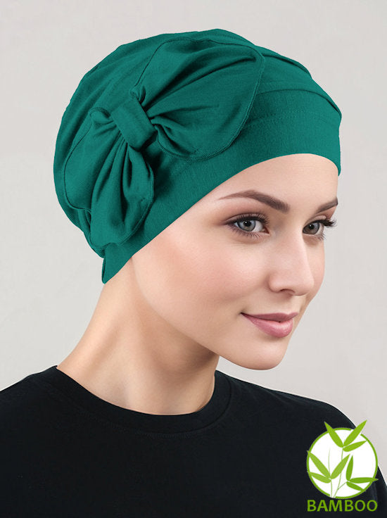 H121BB-GREEN#Bamboo Pleated Bow Cap Emerald Green