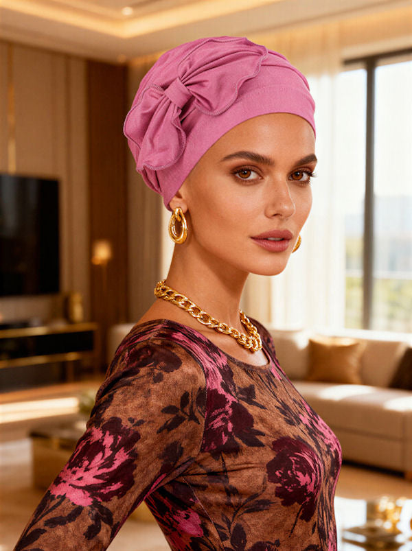 Turbante Chemioterapia Donna Elasticizzato Con Nodo Frontale - Copricapo Morbido Per Alopecia (Verde Oliva / Rosa Scuro, Taglia Unica 3-4) - 2