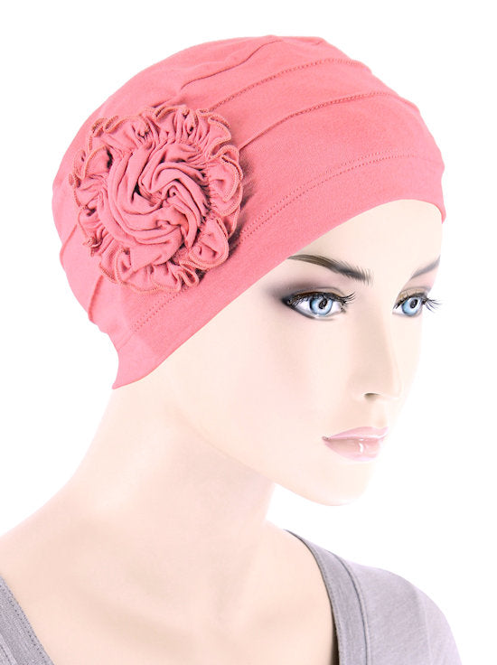 H149BB-CORAL#Bamboo Pleated Sunflower Cap Coral Pink