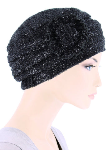 H149-BLACKFLORAL#Pleated Winter Hat Fleece Lined Black Floral