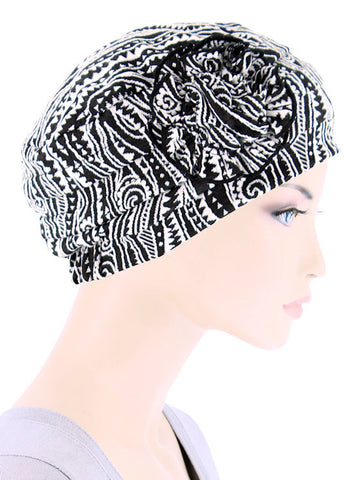 H149-BLACKFLORAL#Pleated Winter Hat Fleece Lined Black Floral