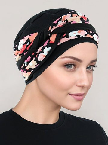 H149-BLACKFLORAL#Pleated Winter Hat Fleece Lined Black Floral