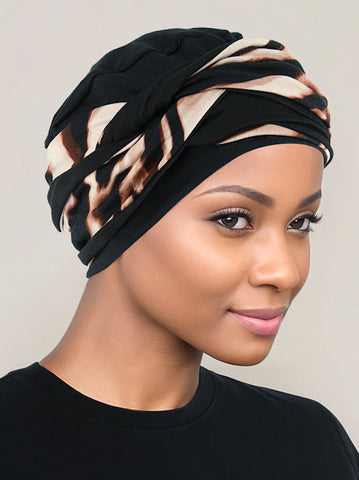 H149-BLACKFLORAL#Pleated Winter Hat Fleece Lined Black Floral