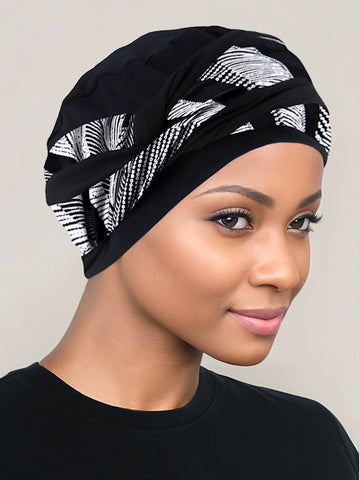 H149-BLACKFLORAL#Pleated Winter Hat Fleece Lined Black Floral