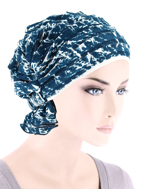 ABBEY-696#The Abbey Cap in Ruffle Teal Blue Abstract