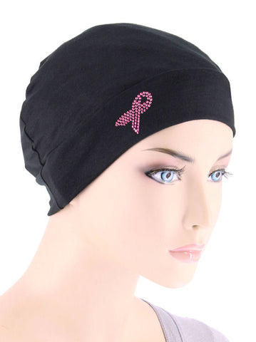 CE-CHEMOCAP-PR-BLACK#Chemo Cap Pink Ribbon Rhinestone in Black