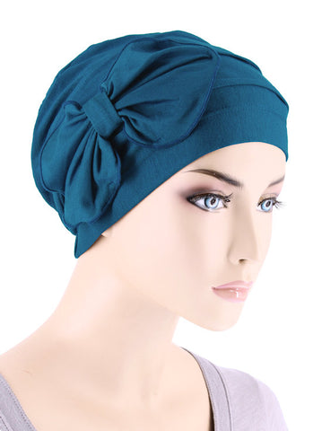 H121BB-TEAL#Bamboo Pleated Bow Cap Teal Blue