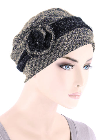 H149-BLACKFLORAL#Pleated Winter Hat Fleece Lined Black Floral