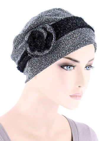 H149-BLACKFLORAL#Pleated Winter Hat Fleece Lined Black Floral