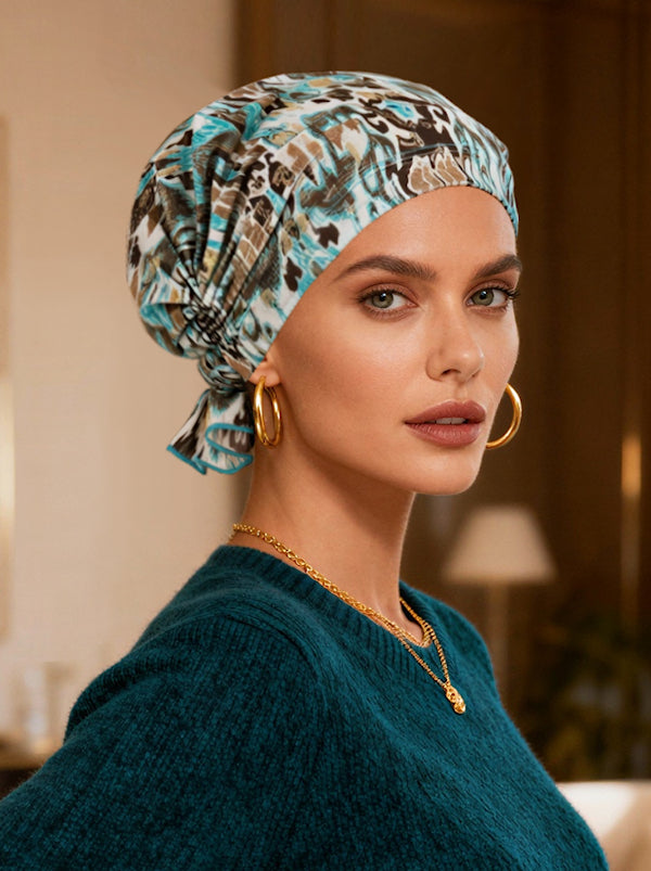 ABBEY-701#The Abbey Cap in Turquoise Gold Leopard Ikat