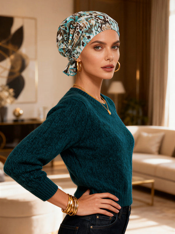 ABBEY-701#The Abbey Cap in Turquoise Gold Leopard Ikat