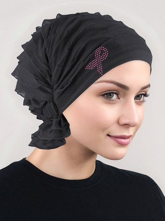 ABBEY-419PR#The Abbey Cap Ruffle Black Pink Ribbon