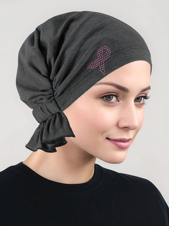 ABBEY-576PR#The Abbey Cap Charcoal Gray Cotton Knit Pink Ribbon