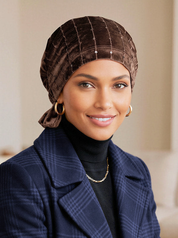 ABBEY-614#The Abbey Cap in Stretch Velour Dark Brown