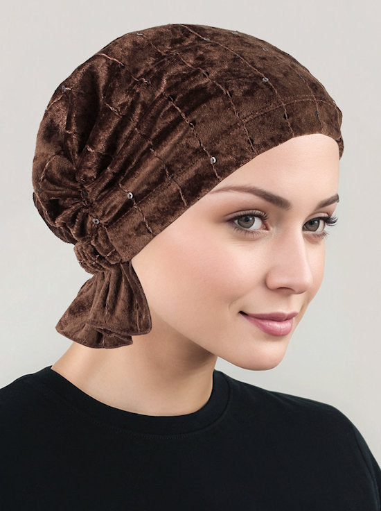 ABBEY-614#The Abbey Cap in Stretch Velour Dark Brown
