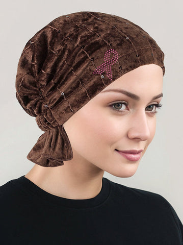ABBEY-614PR#The Abbey Cap Stretch Velour Dark Brown Pink Ribbon *Closeout/Final Sale*