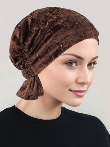 ABBEY-614#The Abbey Cap in Stretch Velour Dark Brown *Closeout/Final Sale*