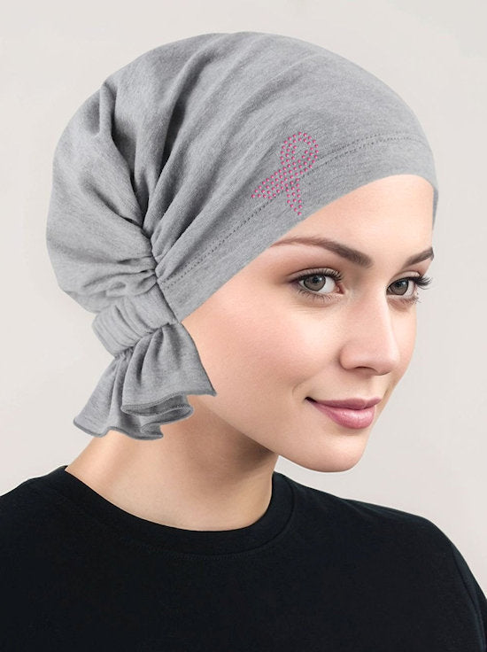 ABBEY-637PR#The Abbey Cap Heather Gray Cotton Knit Pink Ribbon