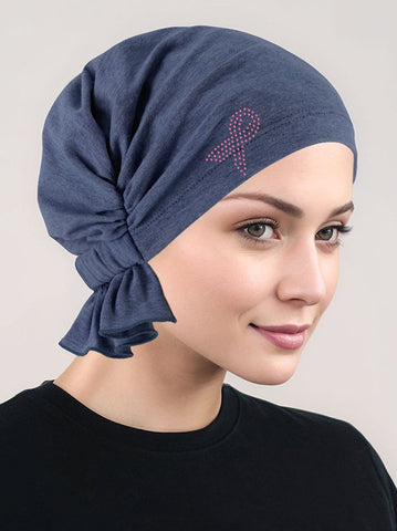 ABBEY-638PR#The Abbey Cap Medium Denim Cotton Knit Pink Ribbon
