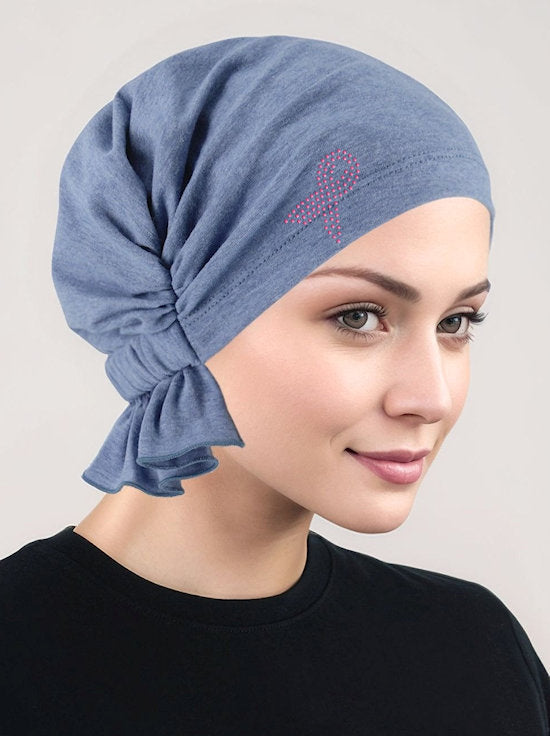 ABBEY-639PR#The Abbey Cap Light Denim Cotton Knit Pink Ribbon