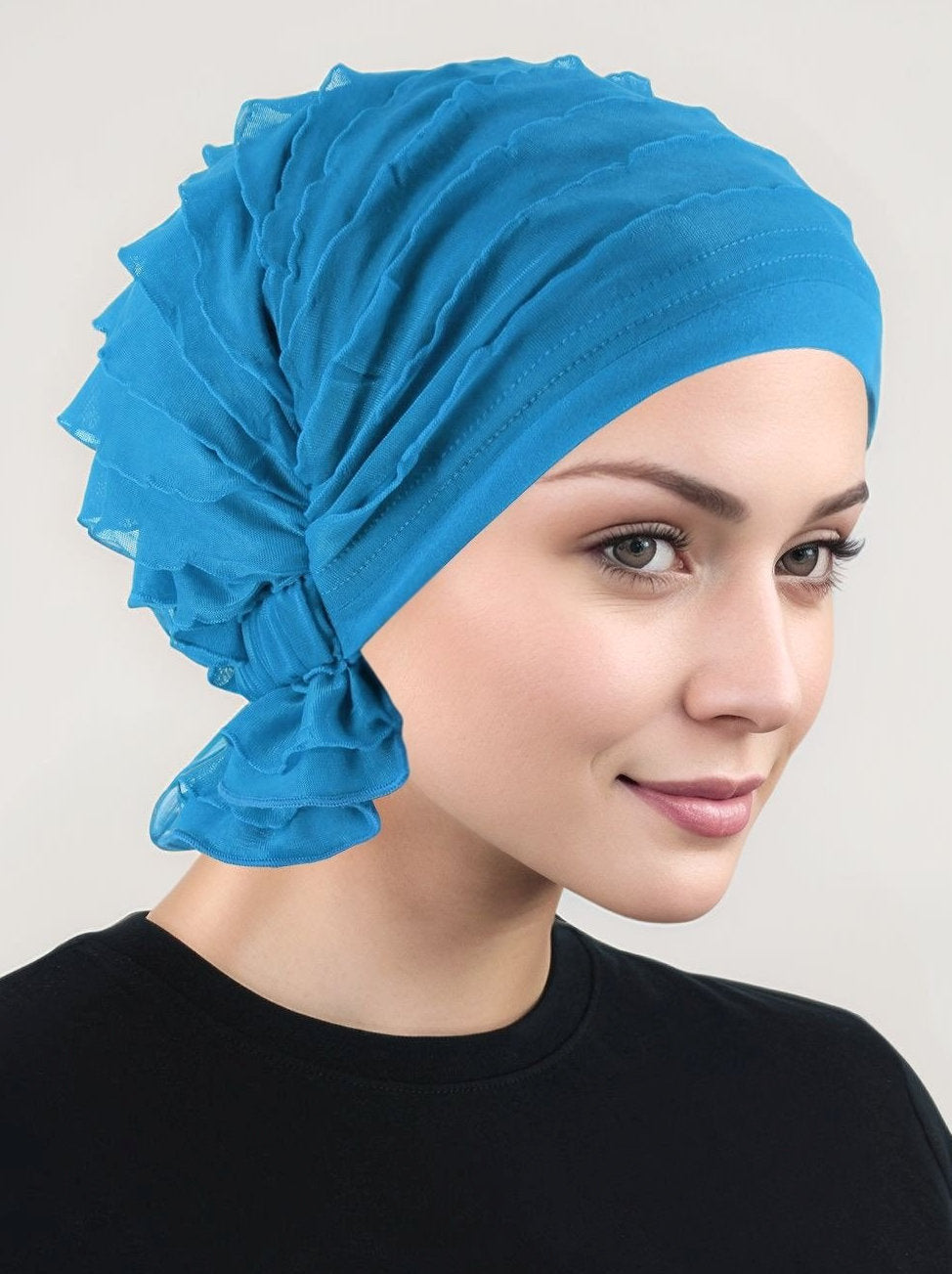 ABBEY-662#The Abbey Cap in Ruffle Turquoise Blue