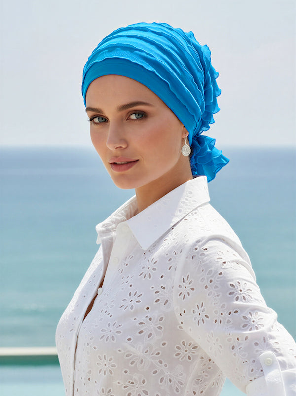 ABBEY-662#The Abbey Cap in Ruffle Turquoise Blue