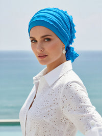 ABBEY-662#The Abbey Cap in Ruffle Turquoise Blue