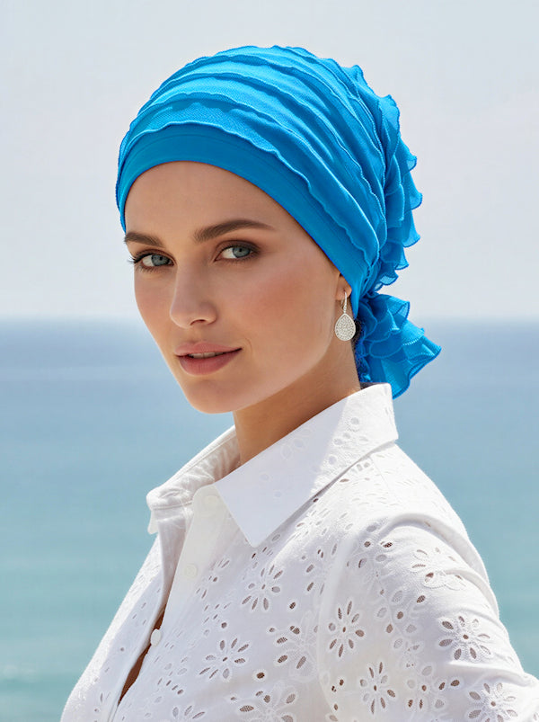 ABBEY-662#The Abbey Cap in Ruffle Turquoise Blue