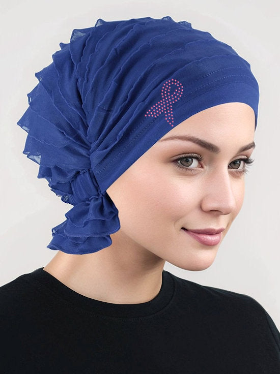 ABBEY-663PR#The Abbey Cap Ruffle Royal Blue Pink Ribbon