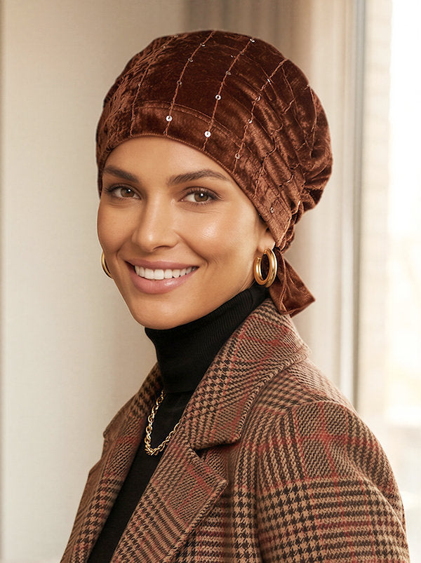 ABBEY-676#The Abbey Cap in Stretch Velour Cinnamon Spice