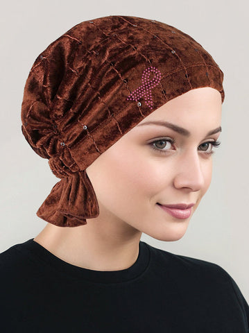 ABBEY-676PR#The Abbey Cap Stretch Velour Cinnamon Spice Pink Ribbon *Closeout/Final Sale*