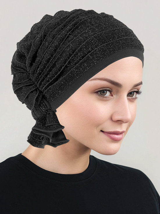 ABBEY-694#The Abbey Cap in Ruffle Black w/Silver Shimmer