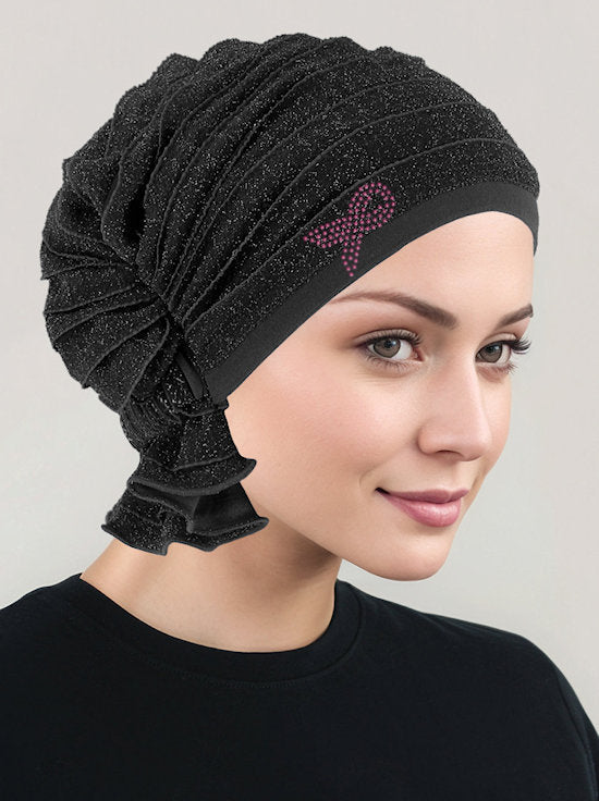 ABBEY-694PR#The Abbey Cap Ruffle Black w/Silver Shimmer Pink Ribbon