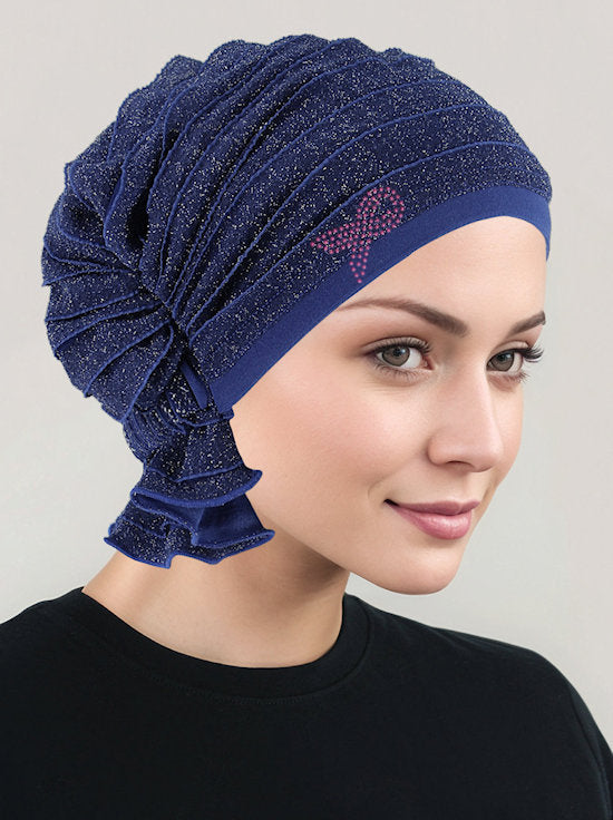 ABBEY-695PR#The Abbey Cap Ruffle Blue w/Silver Shimmer Pink Ribbon