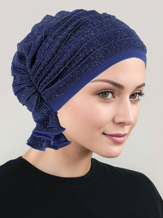 ABBEY-695#The Abbey Cap in Ruffle Blue w/Silver Shimmer