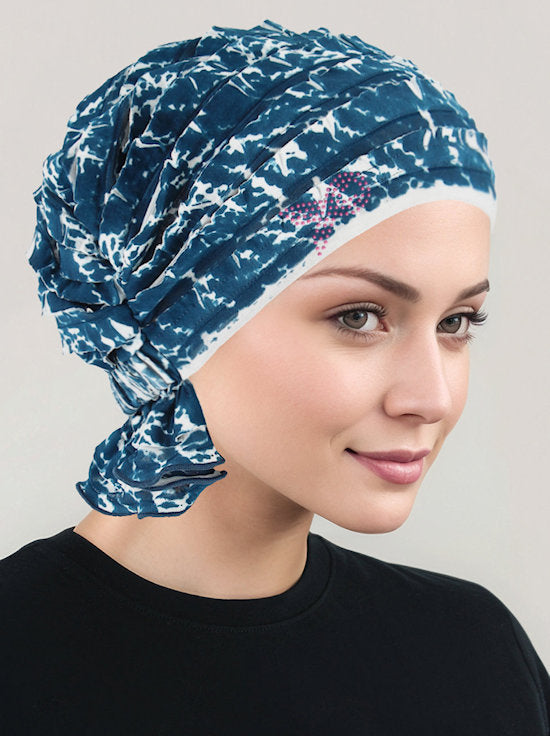 ABBEY-696PR#The Abbey Cap Ruffle Teal Blue Abstract Pink Ribbon