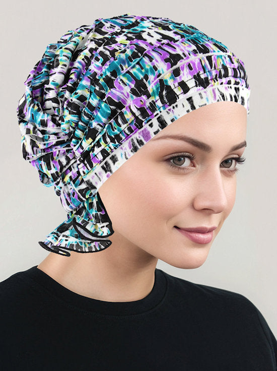 ABBEY-697#The Abbey Cap in Ruffle Purple Turquoise Geometric
