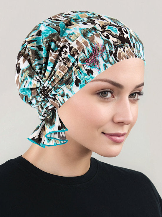 ABBEY-701PR#The Abbey Cap Turquoise Gold Leopard Ikat Pink Ribbon