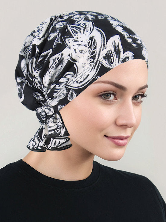 ABBEY-737#The Abbey Cap in Black and White Tropical Floral