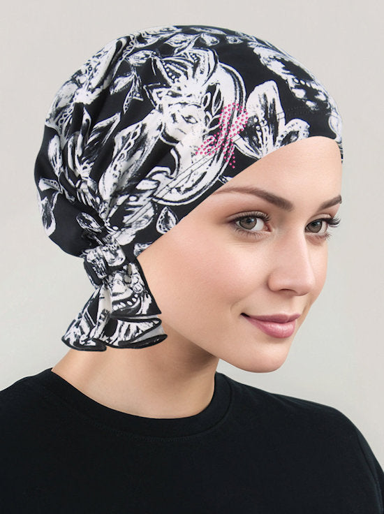 ABBEY-737PR#The Abbey Cap Black and White Tropical Floral Pink Ribbon