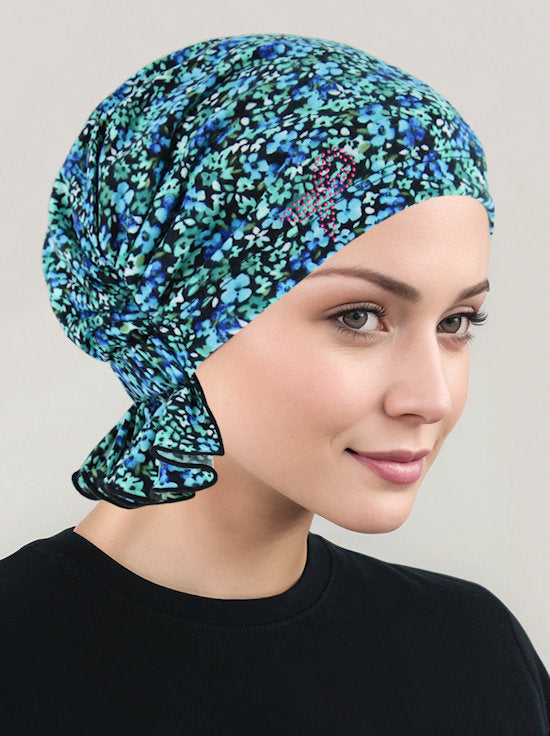 ABBEY-738PR#The Abbey Cap Green Blue Floral Pink Ribbon