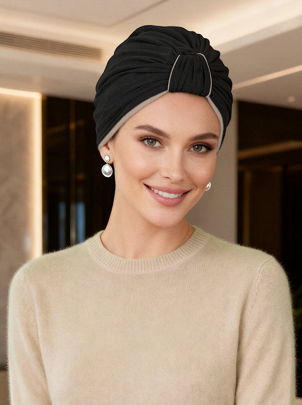 TURBANBBR-BLACKBG#Classic Bamboo Turban Reversible Black/Beige