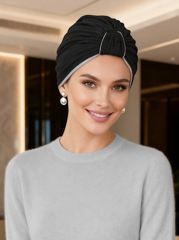 TURBANBBR-BLACKHG#Classic Bamboo Turban Reversible Black/Heather Gray