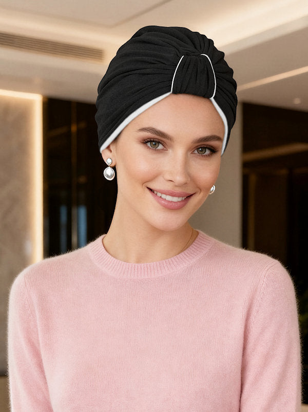 TURBANBBR-BLACKWT#Classic Bamboo Turban Reversible Black/White