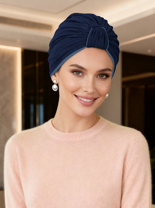 TURBANBBR-NAVYIND#Classic Bamboo Turban Reversible Navy/Indigo Blue