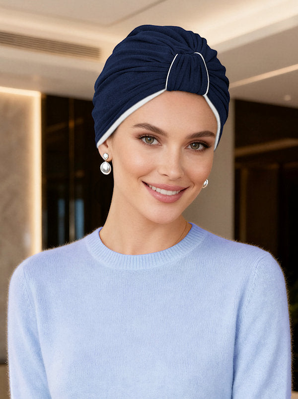 TURBANBBR-NAVYWT#Classic Bamboo Turban Reversible Navy/White