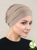 BBPCAP-BEIGEPR#Bamboo Pleated Cap Champagne Beige Pink Ribbon