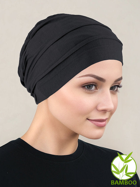 BBPCAP-BLACK#Lux Bamboo Pleated Cap in Onyx Black