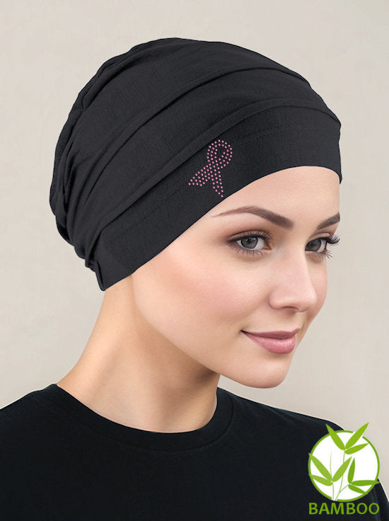 BBPCAP-BLACKPR#Bamboo Pleated Cap Onyx Black Pink Ribbon